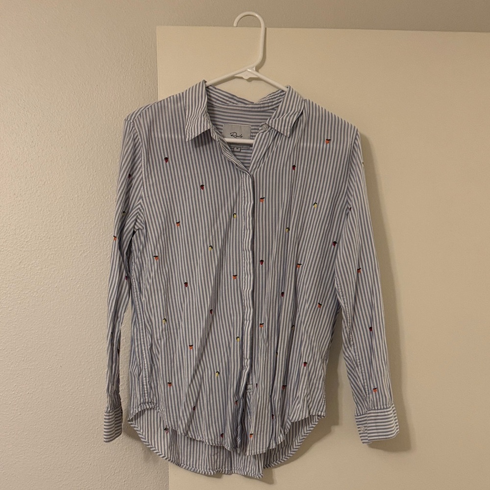 Rails Blue and White Striped Women’s Button-Down Shirt with Embroidery